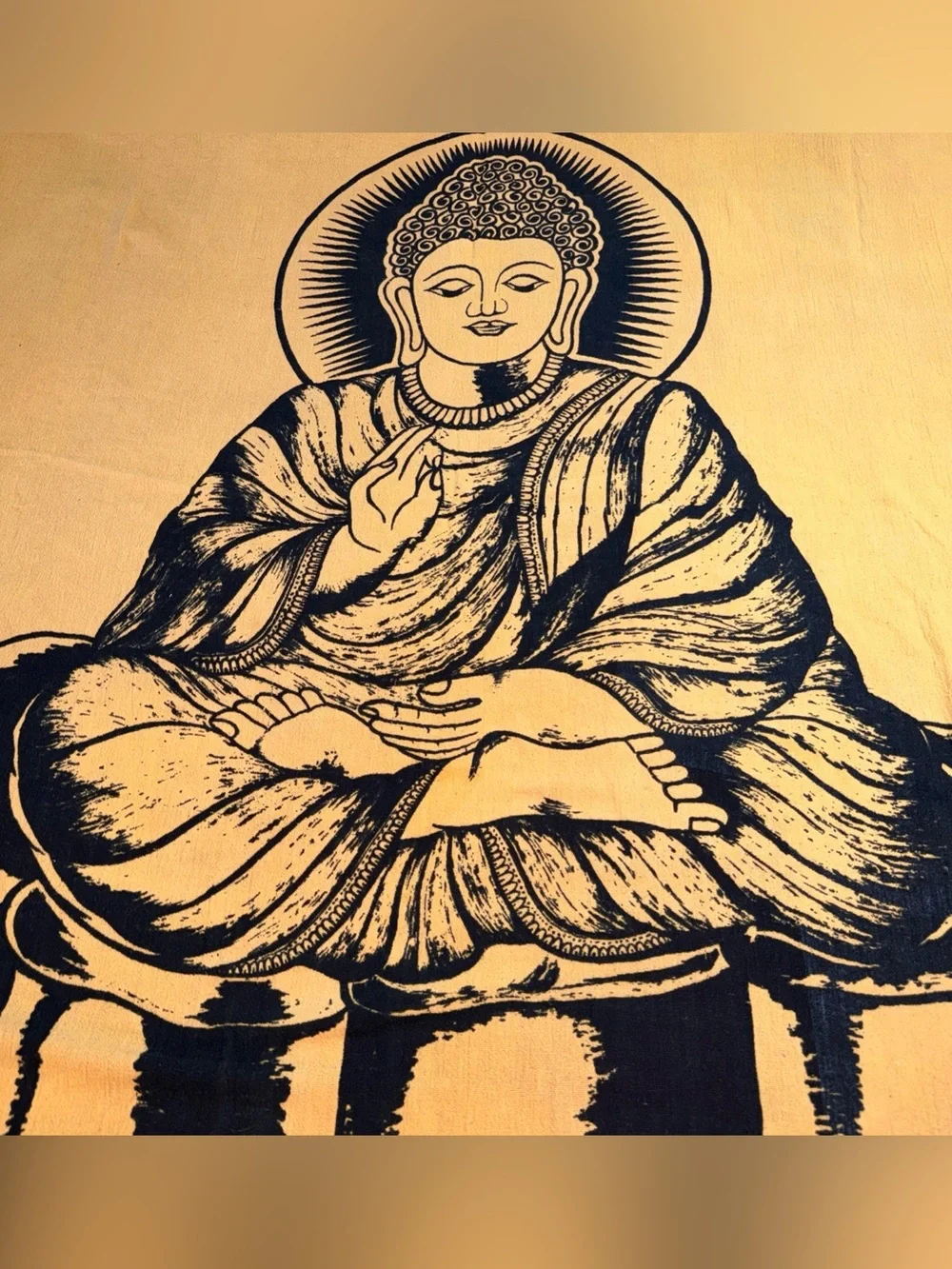 Buddha GOLD Black Cotton Tapestry BIG light Wt Blanket ART Wiccan 98x60” YOGA XL